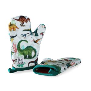 Les petites mitaines de four sont parfaites pour s'amuser et aider les parents à faire la cuisine en toute sécurité. Ensemble de deux. Isolées à double épaisseur. Ganse pour les accrocher sur un crochet. Fabriqué au Québec. Motif de dinosaures.