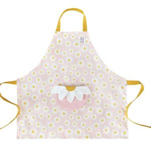 Tablier enfant à motif fleuri rose et jaune. Une poche au devant en forme de lfeur.